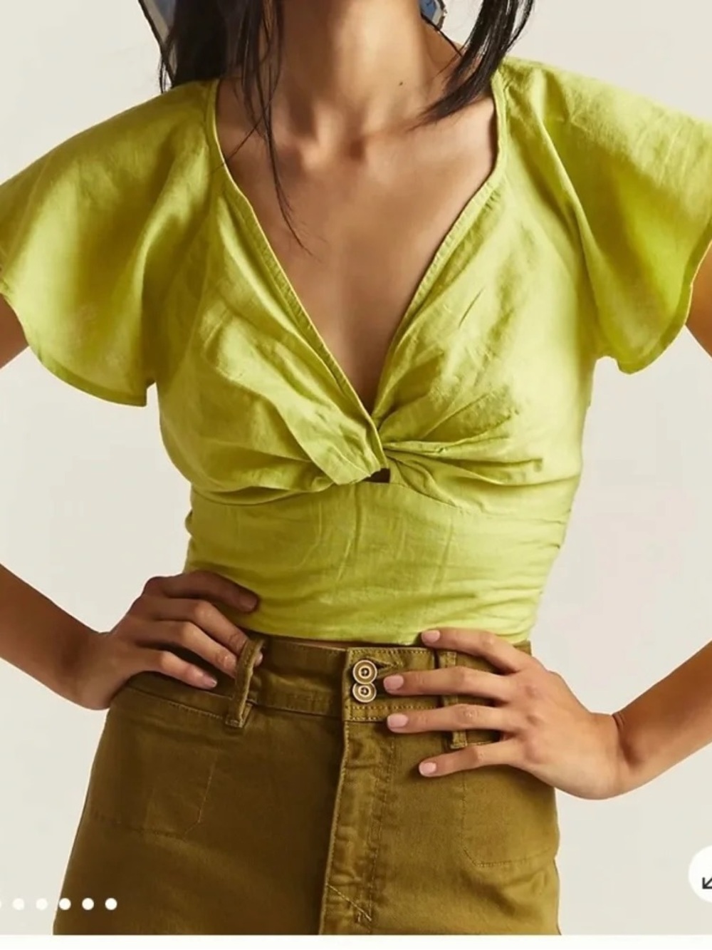 Anthropology Size L Twist-Front Flutter Sleeve Crop Top in Chartreuse